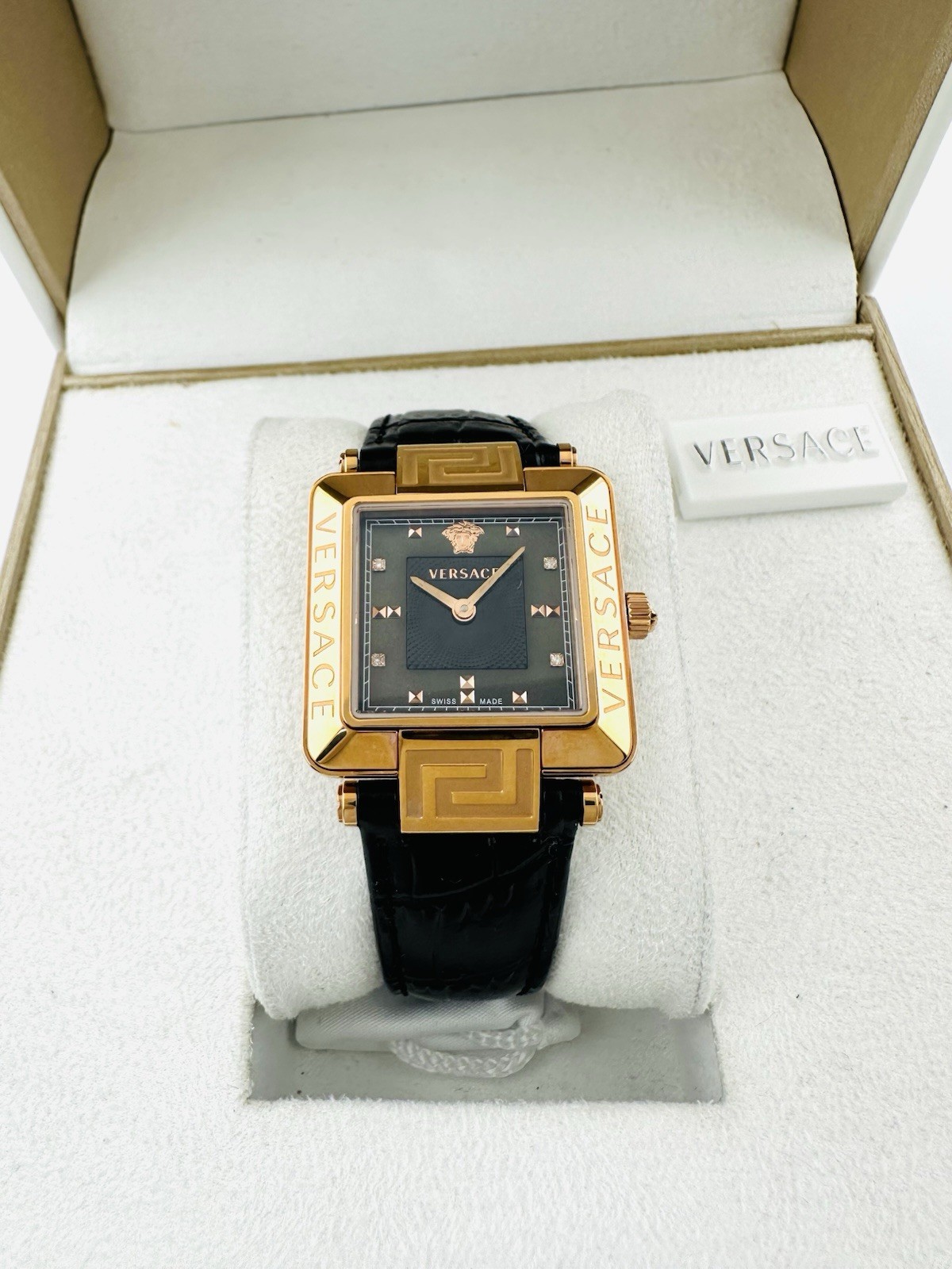 Versace Women’s 88Q80SD008S009 Rêve Carré Diamonds Black Leather Strap Watch 88Q