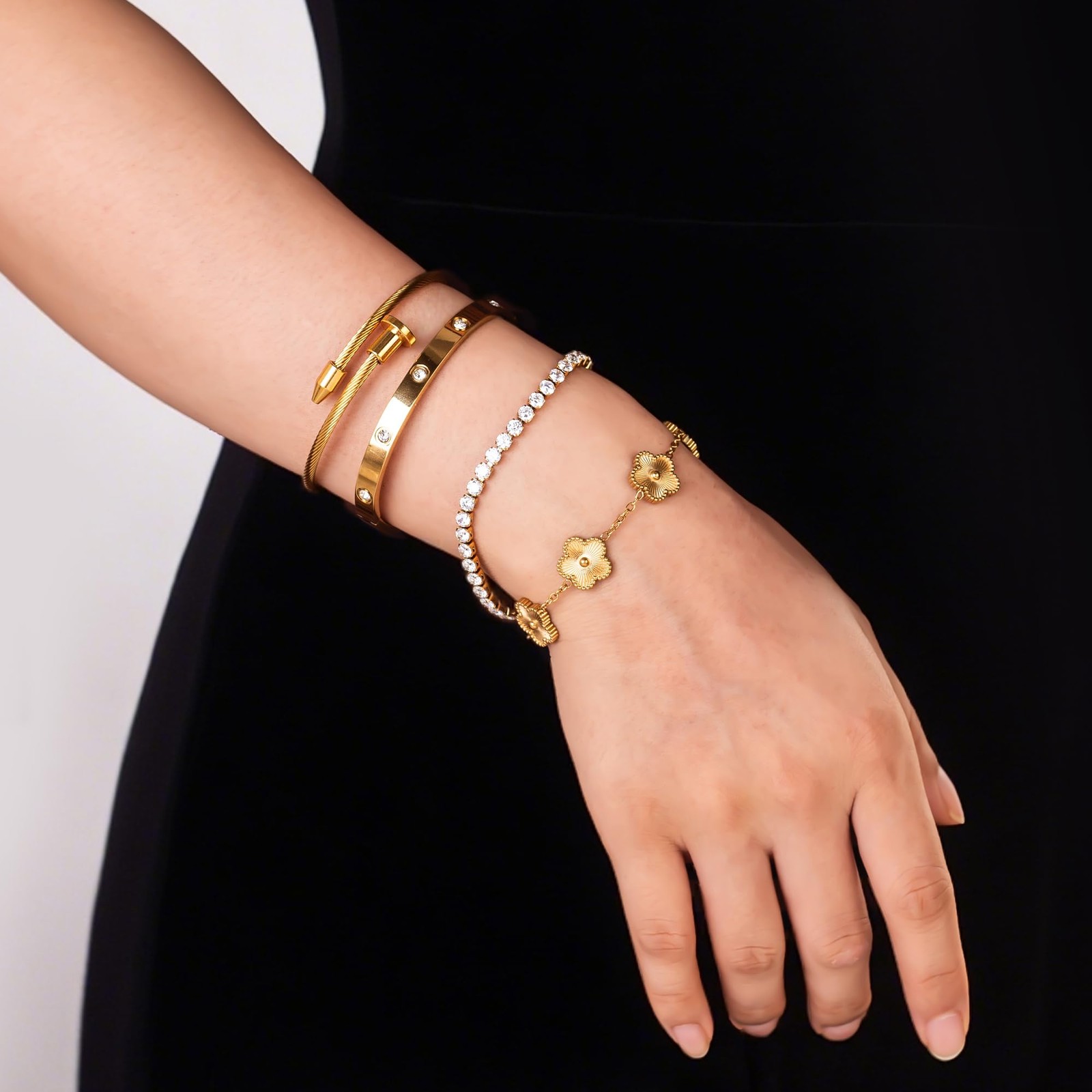 GIVCHO 18K Gold Plated Nail Love Bangle Bracelet Set for Women One Size,