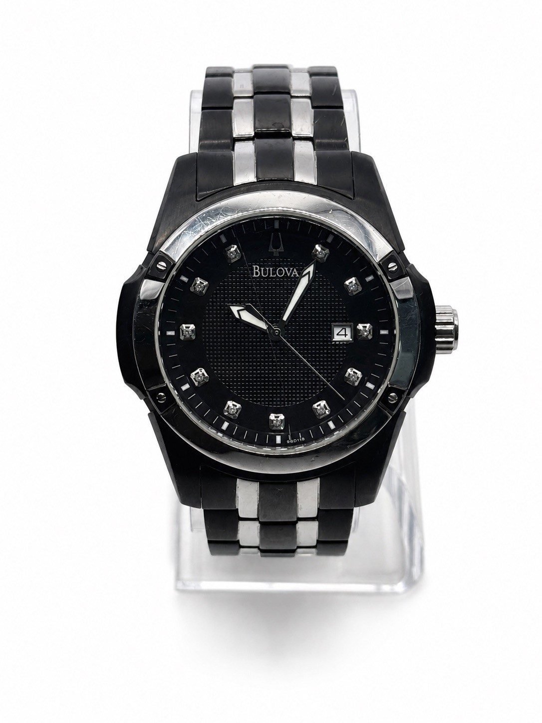 Bulova Stainless Steel Black With Diamonds Around Dial Black Face w/Original Box