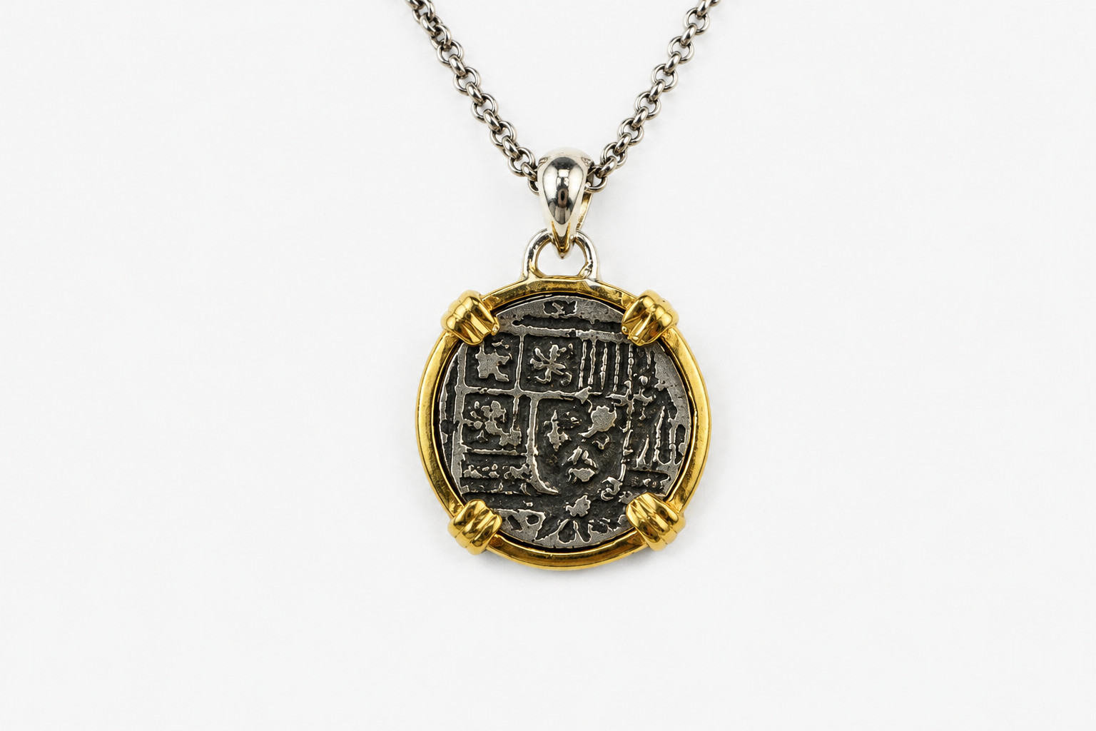 Spanish Atocha Coin Pendant 925 Sterling Silver 18K Gold Plated Frame 30mm