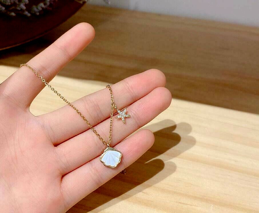 Tiny Silver/Gold/Rose Gold Pave CZ Shell Starfish Pendant Chain Necklace