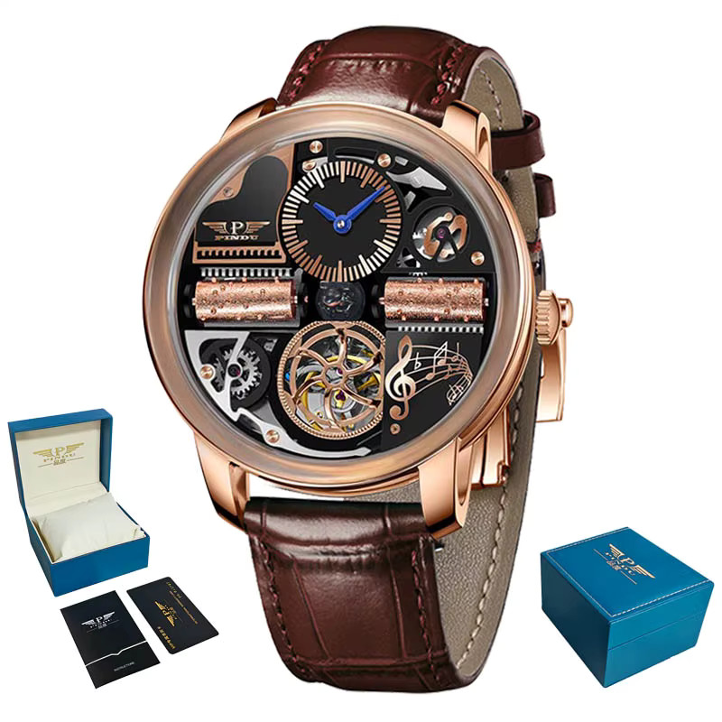 PINDU Luxury Automatic Men’s Watch – Skeleton, Leather Band, Water Resistant