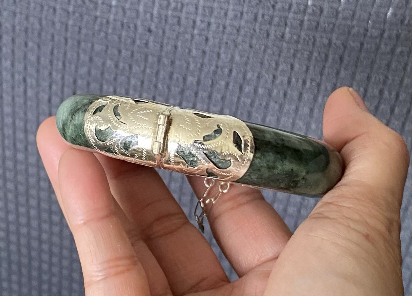 7.1 ” 925 Silver Handmade Genuine Burmese Jade Women Bangle Bracelet US SELLER
