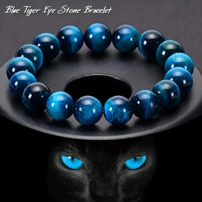 Triple Protection Gemstone Bracelet Blue Tiger Eye Glossy Stone 8mm
