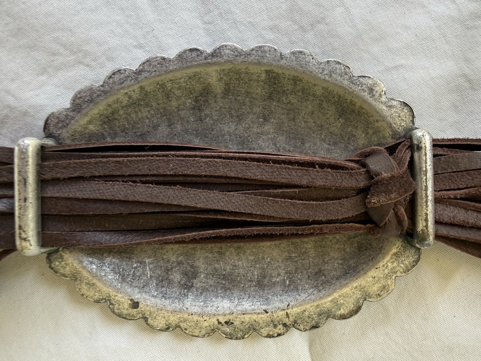 Brown Leather Fringe statement Concho Necklace Silver tone Adj 24”