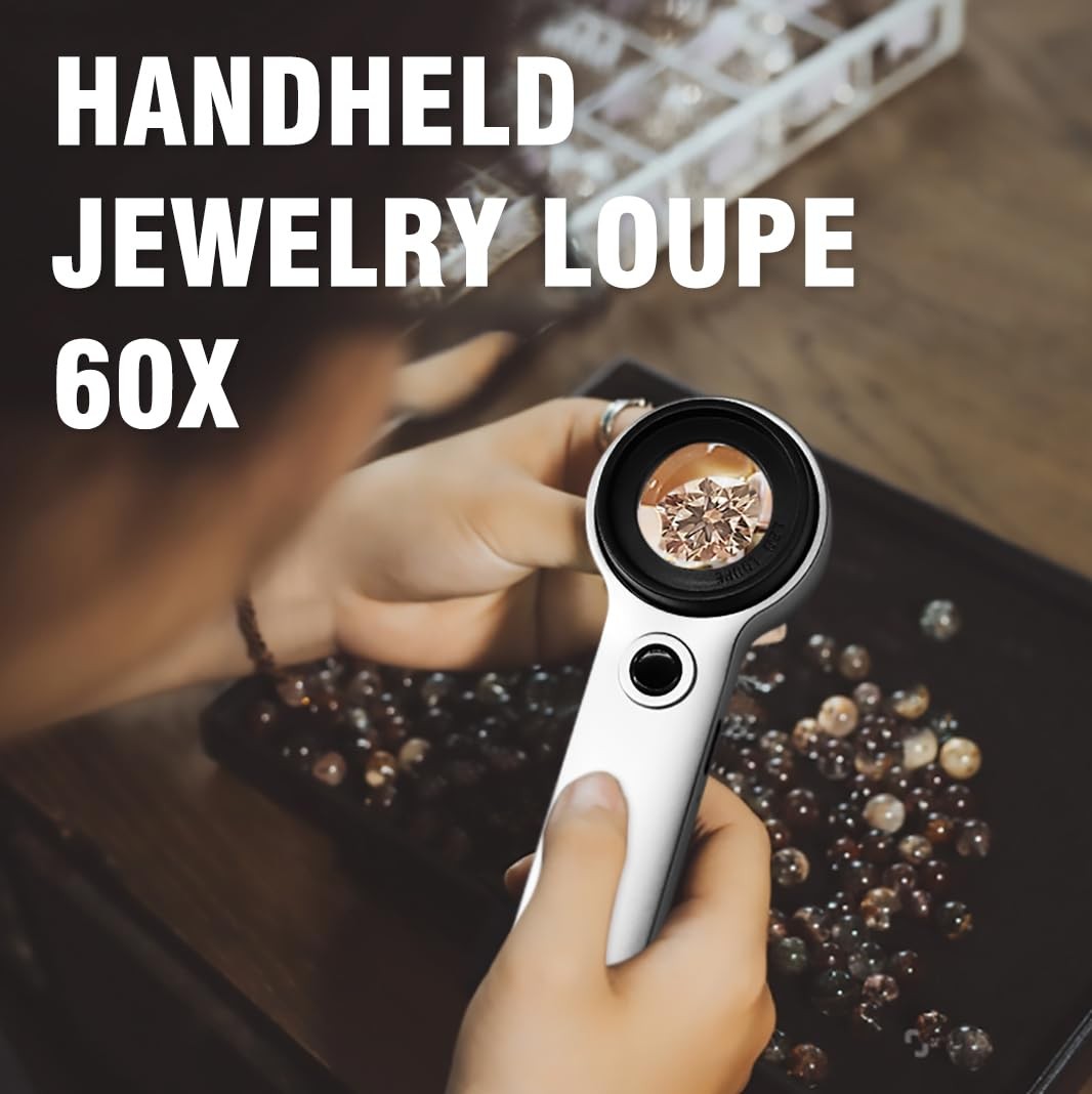 Handheld Magnifier Loupe 60X with UV & LED Lights USB Rechargeable Optical Lens