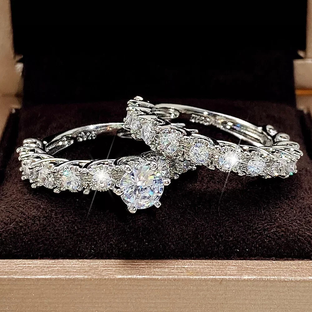3Ct Round Cut Lab Created Diamond Wedding Bridal Set Ring 14K White Gold plated