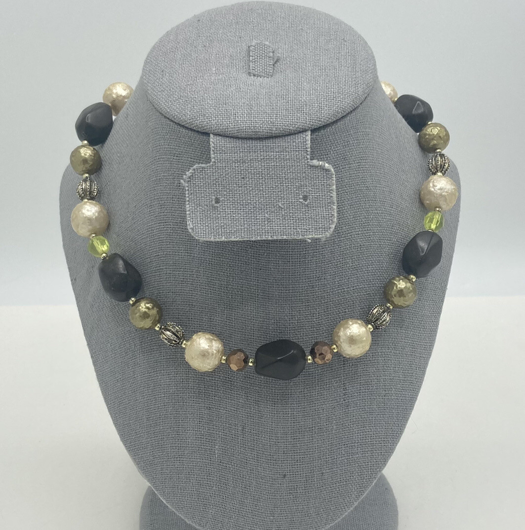 Green Brown Cream/ Champagne Color Textured Beaded 16” Single Strand Necklace