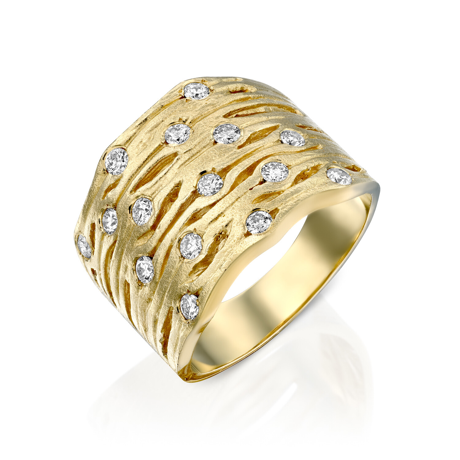 Dainty 14k Yellow Gold Artisan Statement Multi Row Design H/SI Diamond Wide Ring