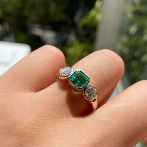 3Ctw Cushion Cut Created Emerald Three Stones Bezel Ring 14K Yellow Gold Plated