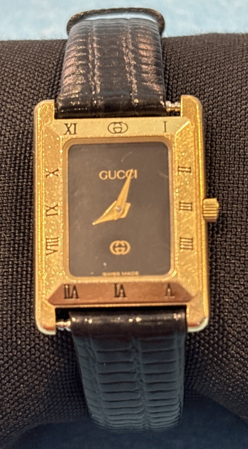 Gucci 4200L Vintage Gold Plated Dial Womens Quartz Tank Watch w Leather Band