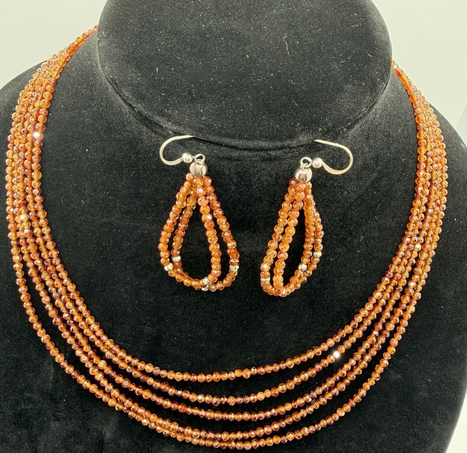 Earth Mined 5 Strand Sterling & Hessonite Garnet Beaded Necklace Jay King 17-19”
