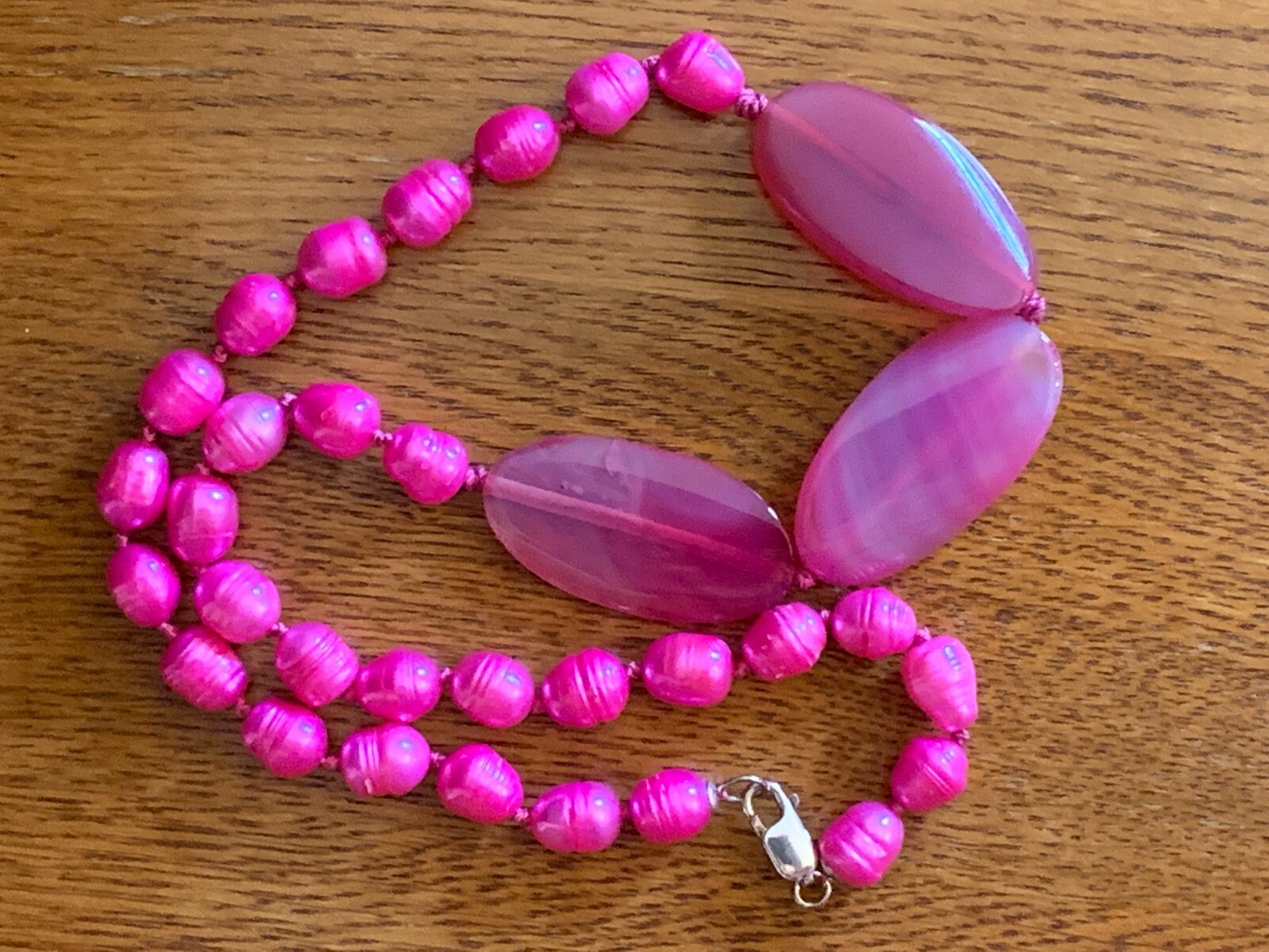Pink Pearl Agate & Sterling Silver Necklace Strand 19 1/2 ” NEW 49.53cm Estate