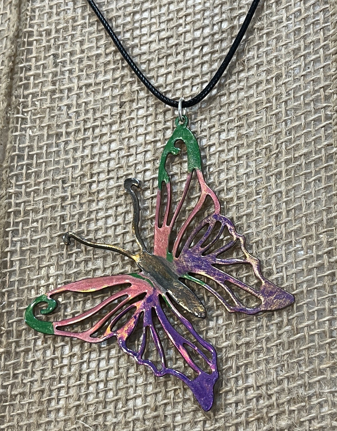 Hand-painted Large Brass Butterfly Pendant Necklace Multicolor Fairycore