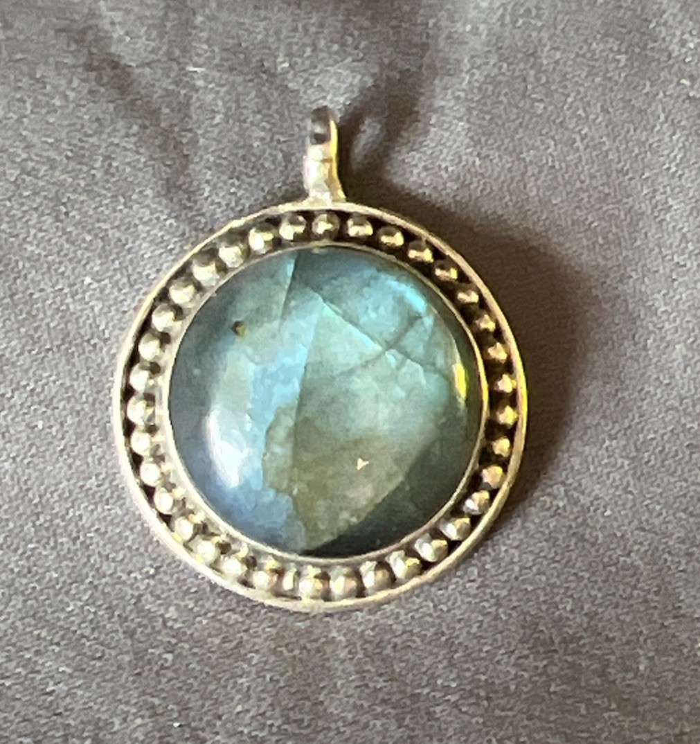 Round Labradorite Pendant with Silver Dot Accents 925 Sterling Silver