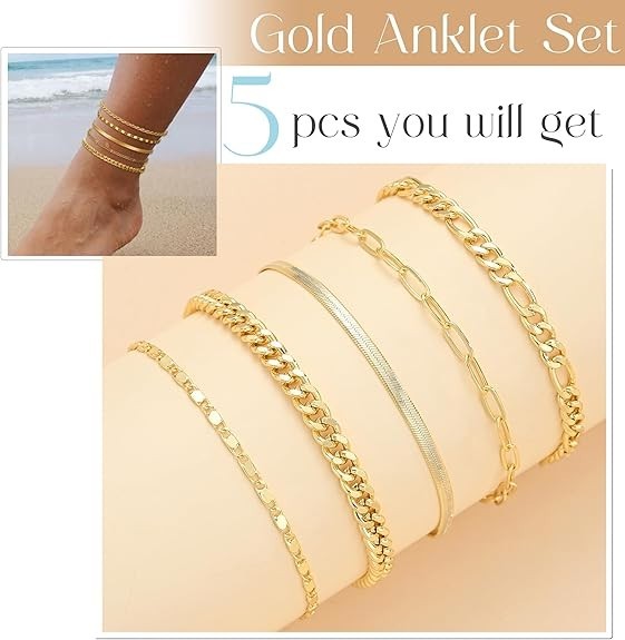 Gold Ankle Bracelets for Women, 14k Gold Plated Waterproof Cuban Link Chain Ankl