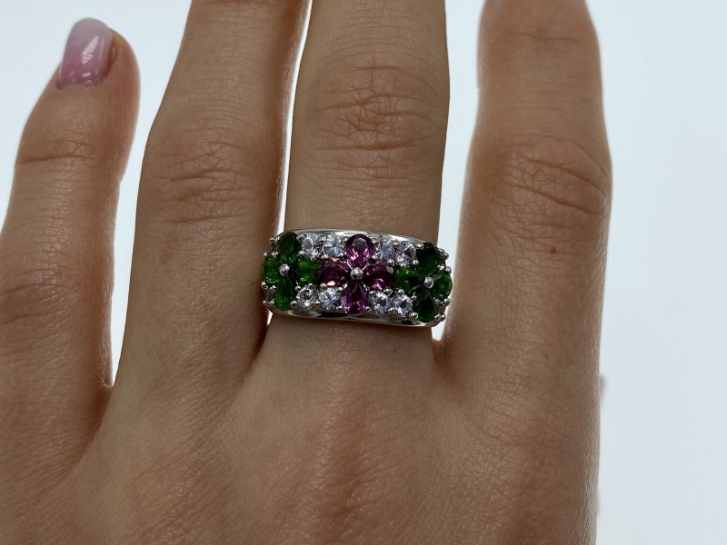 925 Sterling Silver Emerald, Pink Topaz & Goshenite “Flowers” Ring Size 7.5
