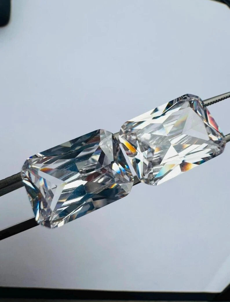 Natural 60 Ct Cambodian White Zircon Emerald Cut AGL Certified Matching Gem Pair