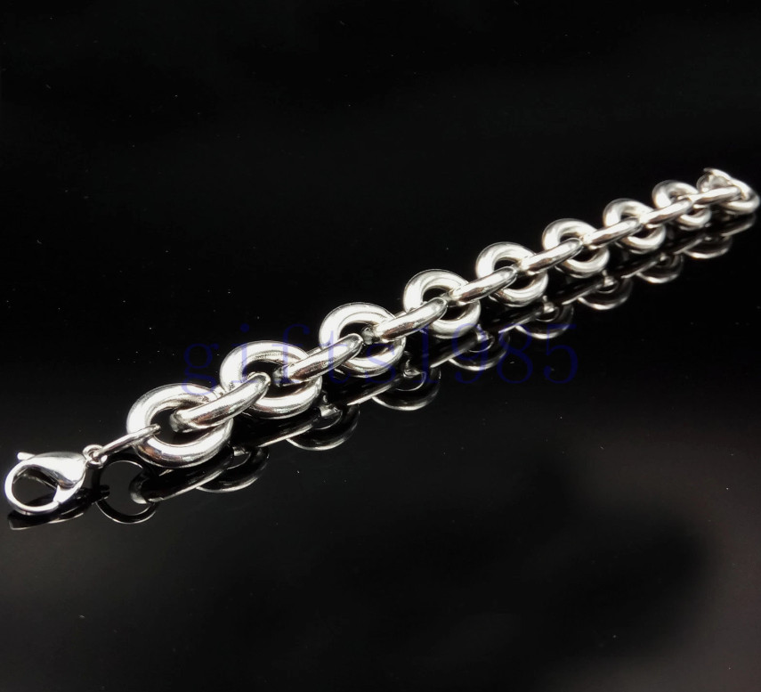 Silver oval Chain SUPER BIG 15mm Stainless Steel Men Bangle Bracelet 17-23cm