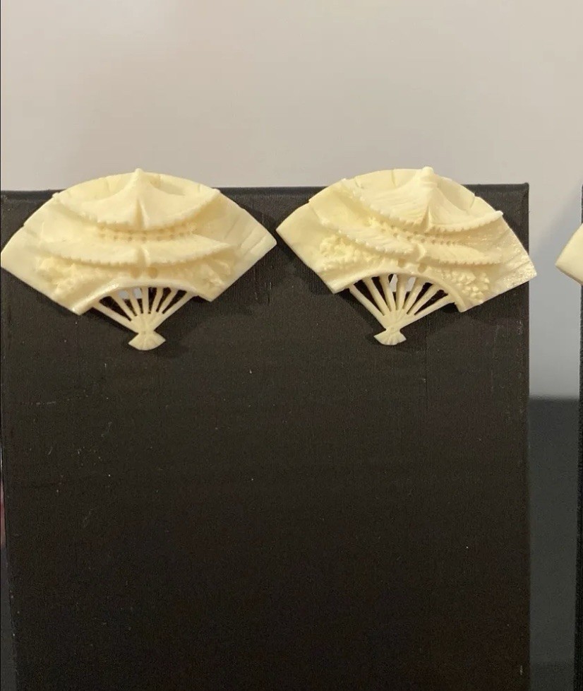 Vintage Japanese Fan brooch and screw back earring set SILVER hardware