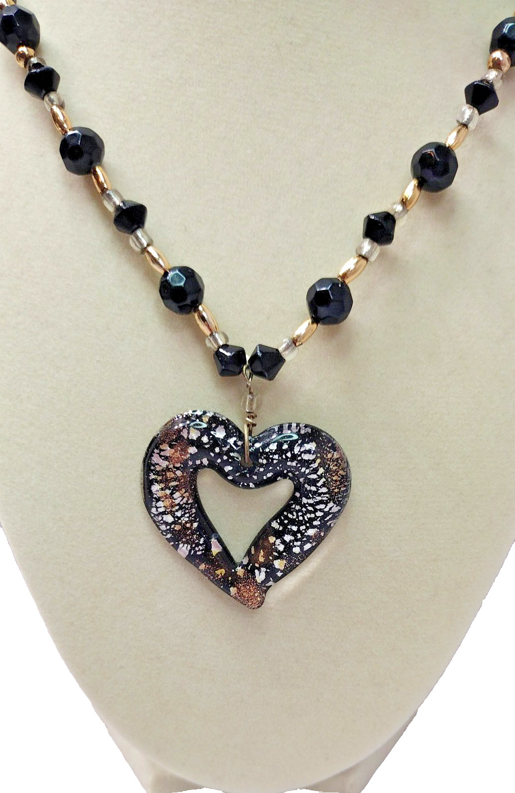 Handmade Black, Silver & Gold Glass Bead Heart Pendant Necklace 17″