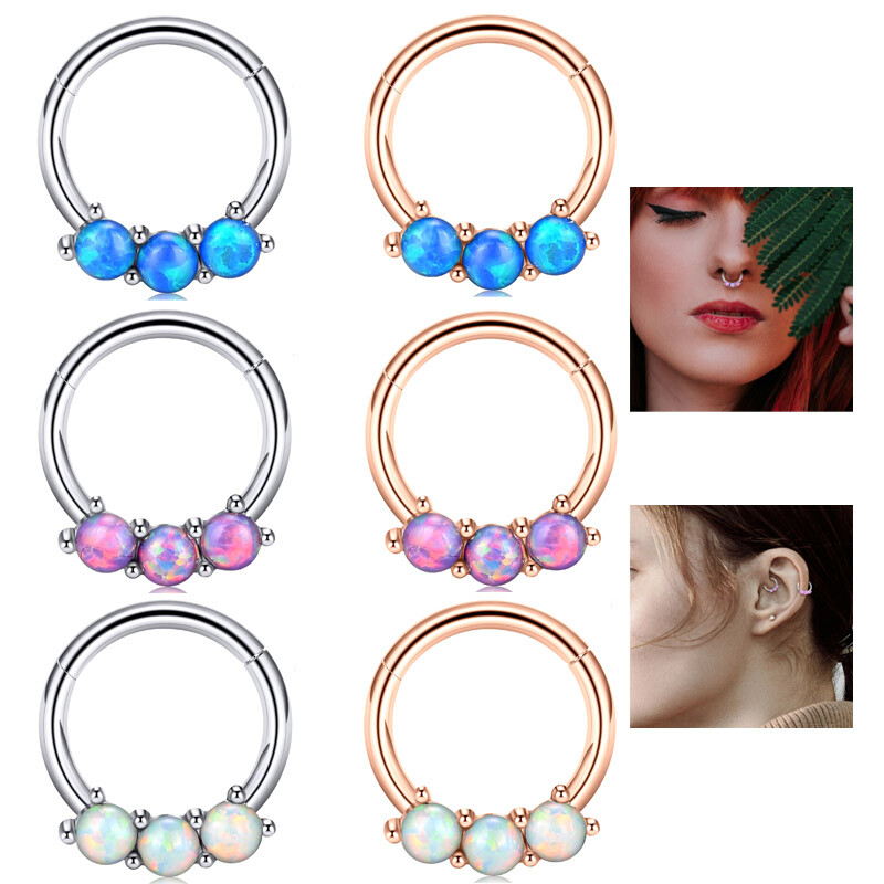2pcs Silver+Rosegold Opal Nose Hinged Hoop Piercing Segment Ring Earring Studs