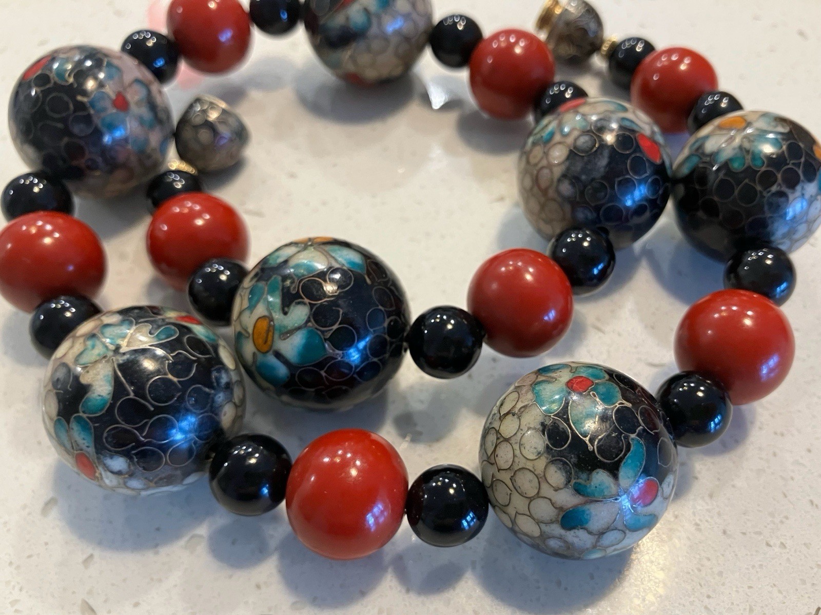 Vintage Huge Chinese Cinnabar Cloisonne Bead Necklace