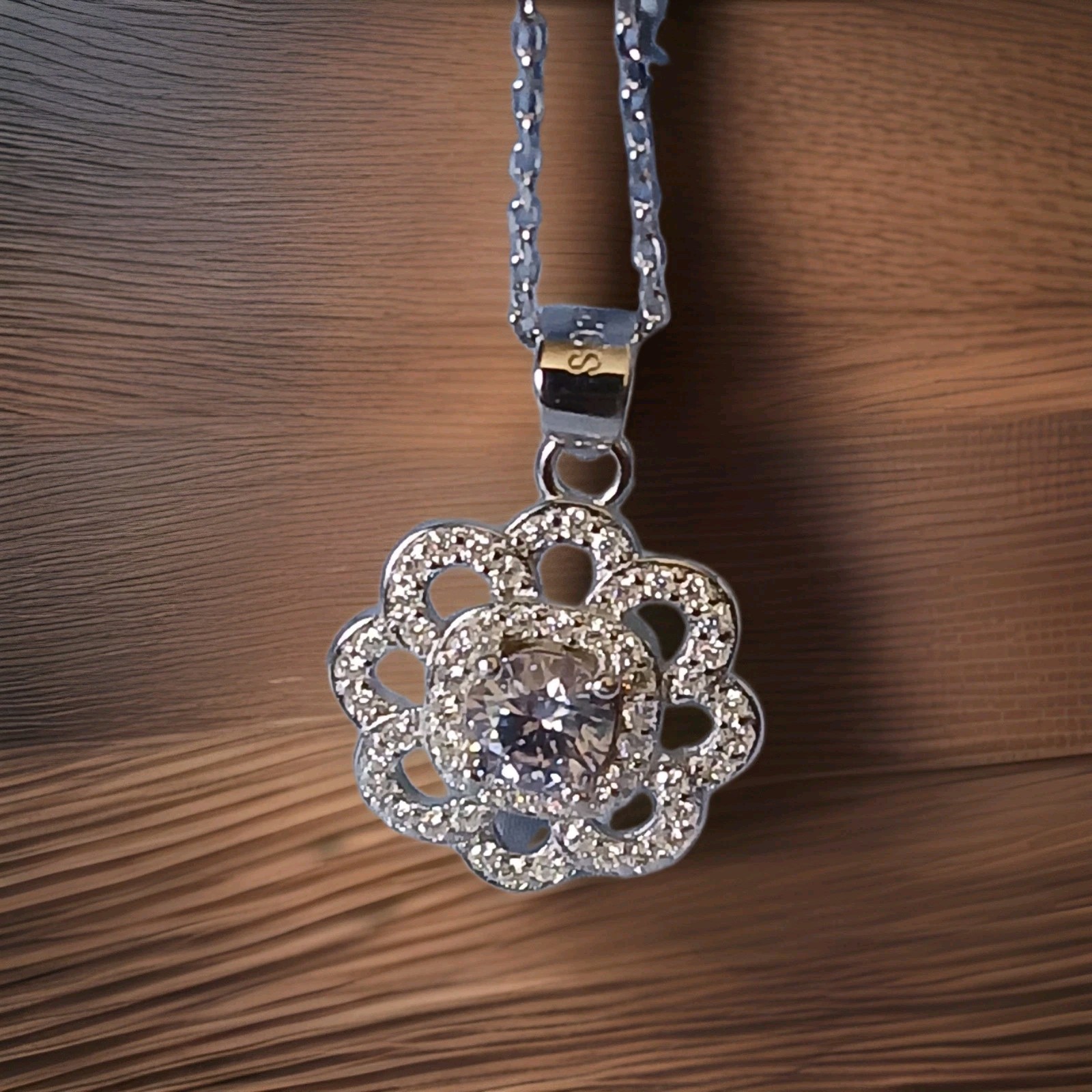 Moissanite Flower Shaped Pendant .8ct, 15-17″, Rhodium Platinum Over Sterling