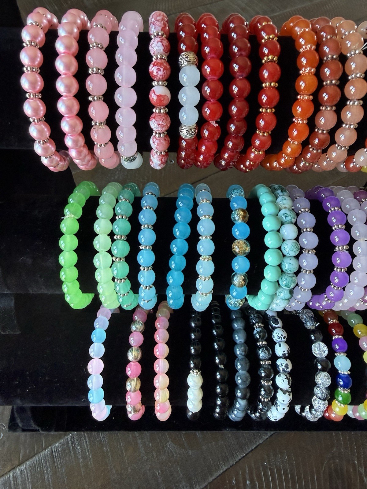 BRAND NEW 43 Bulk Glass Bead Bracelets With 3 Tier Bracelet Stand, Handmade