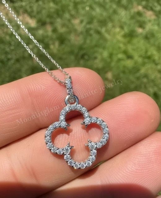 14K White Gold Plated Flower Pendant Chain In 1.90ct Round Cut Lab Grown Diamond