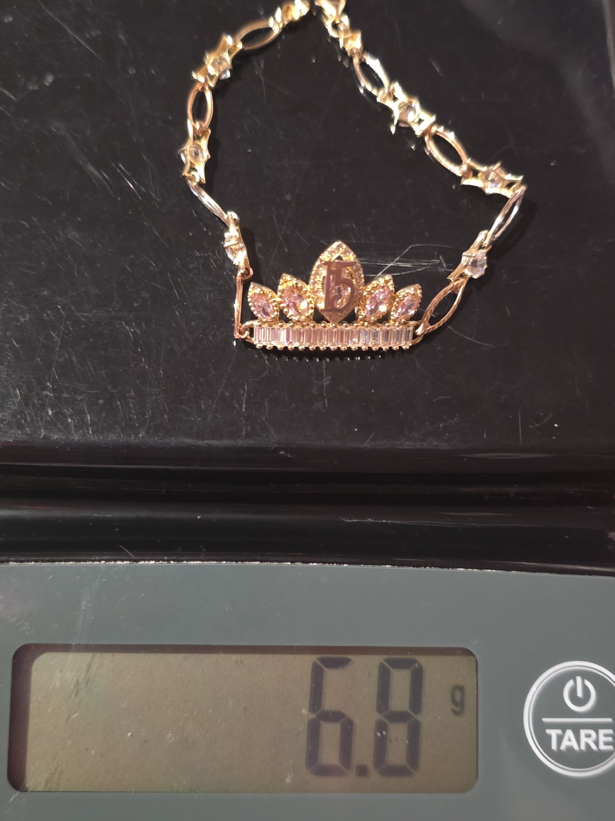 REAL 14K GOLD 15 BRACELET 7INCH PINK AND WHITE CZ