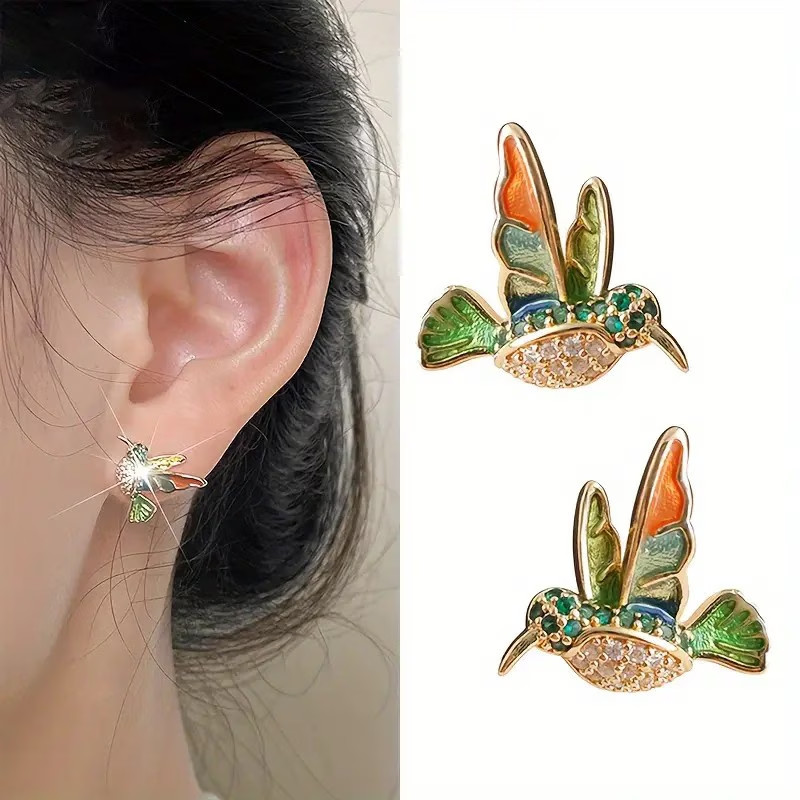 Pair Vintage Alloy Earrings Colorful Enamel Hummingbird