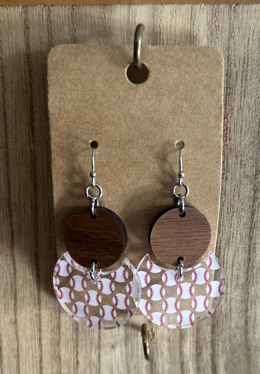 Sports Baseball Earrings Handmade Wood Acrylic Drop Dangle Jewelry Gift