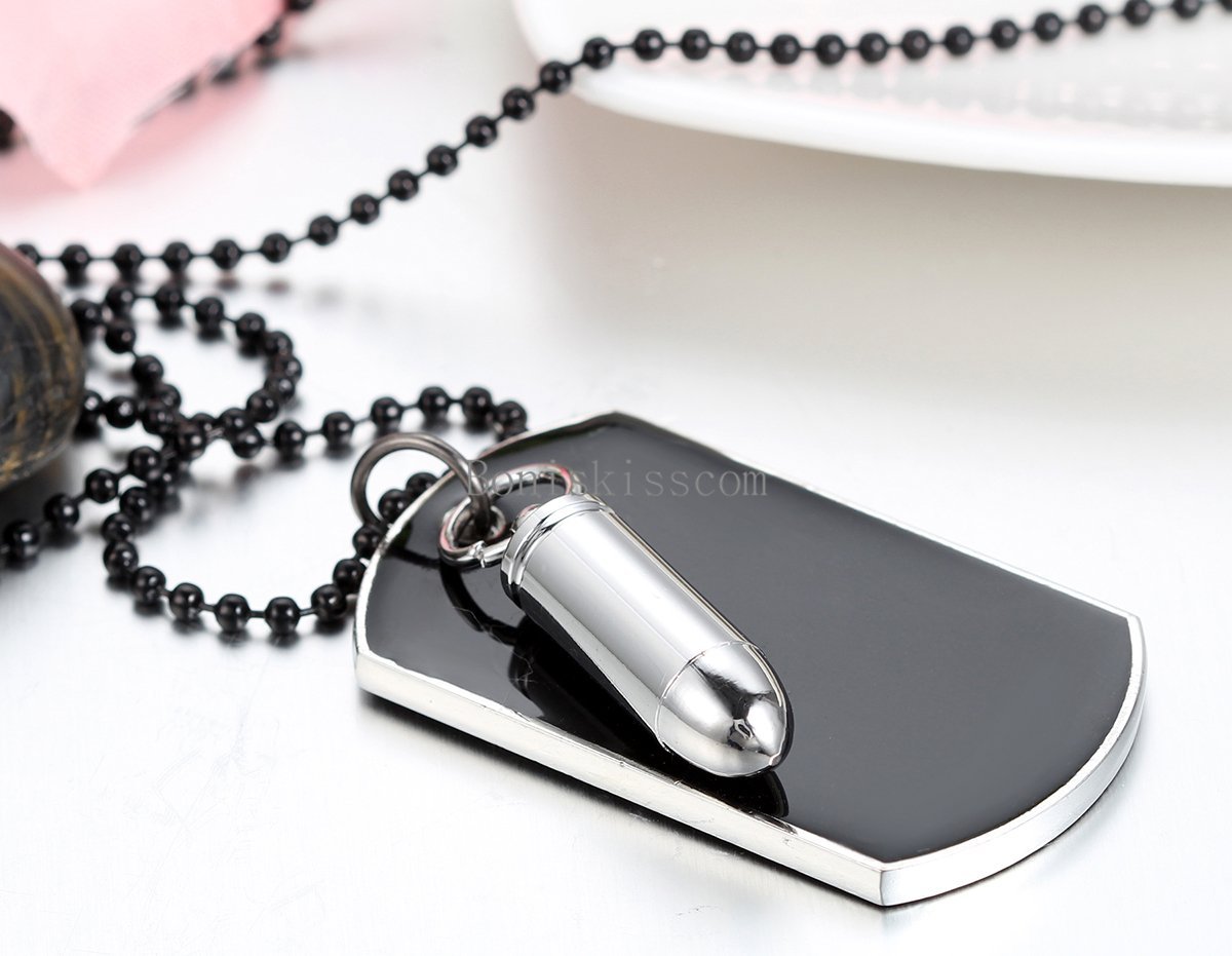 Men’s Stainless Steel Black Bullet Dog Tag Pendant Necklace w Bead Chain