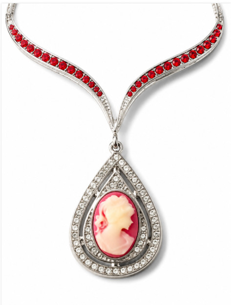 （Set of3）Black Pink Angel Lady Cameo Vintage Style Dangle Pendant Chain Necklace