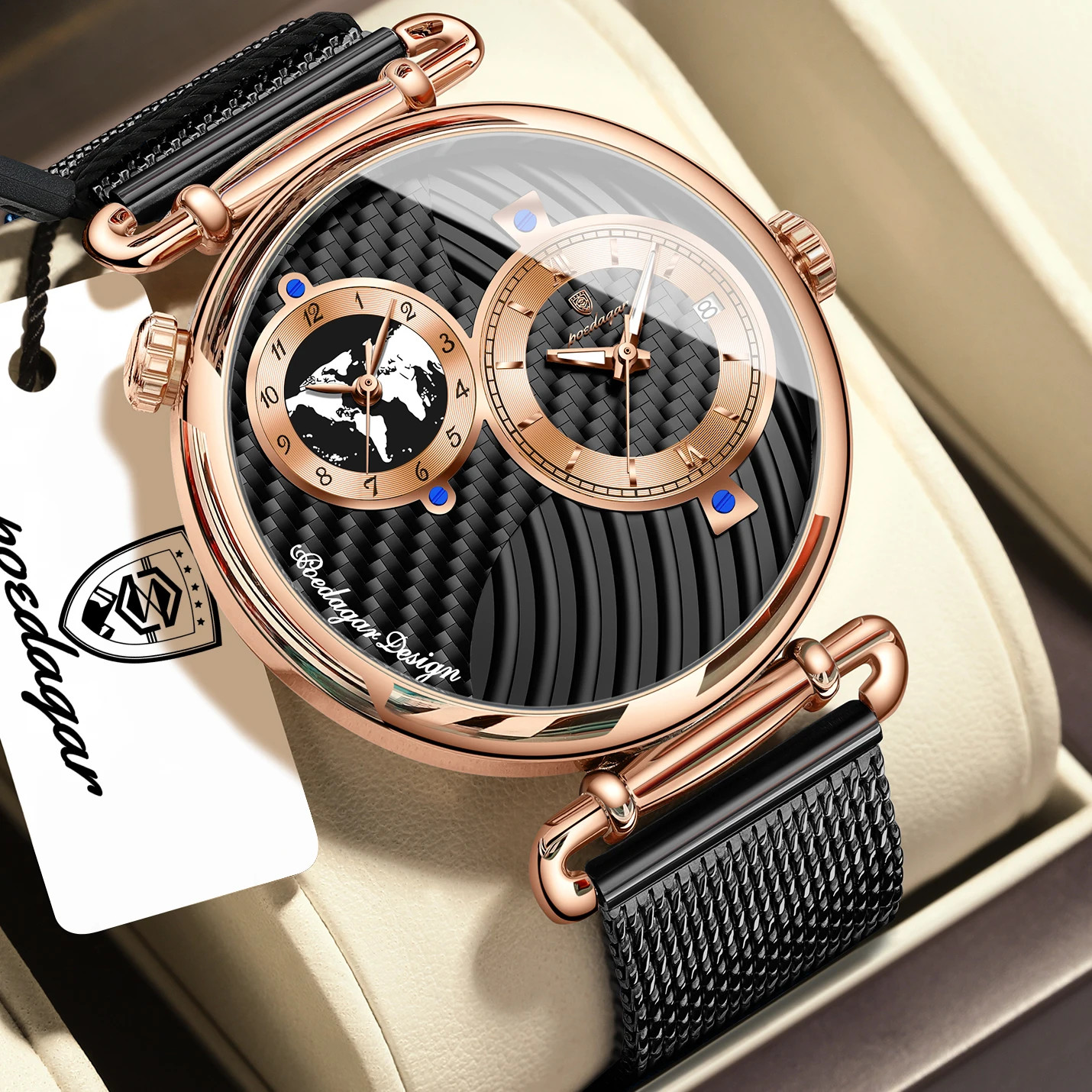 POEDAGAR Sport Man Wristwatch Multiple Time Zone Display Waterproof