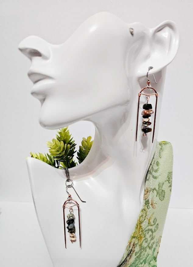 Handmade Ocean Jasper Chip Gemstone Earrings Copper Arch Boho Dangle
