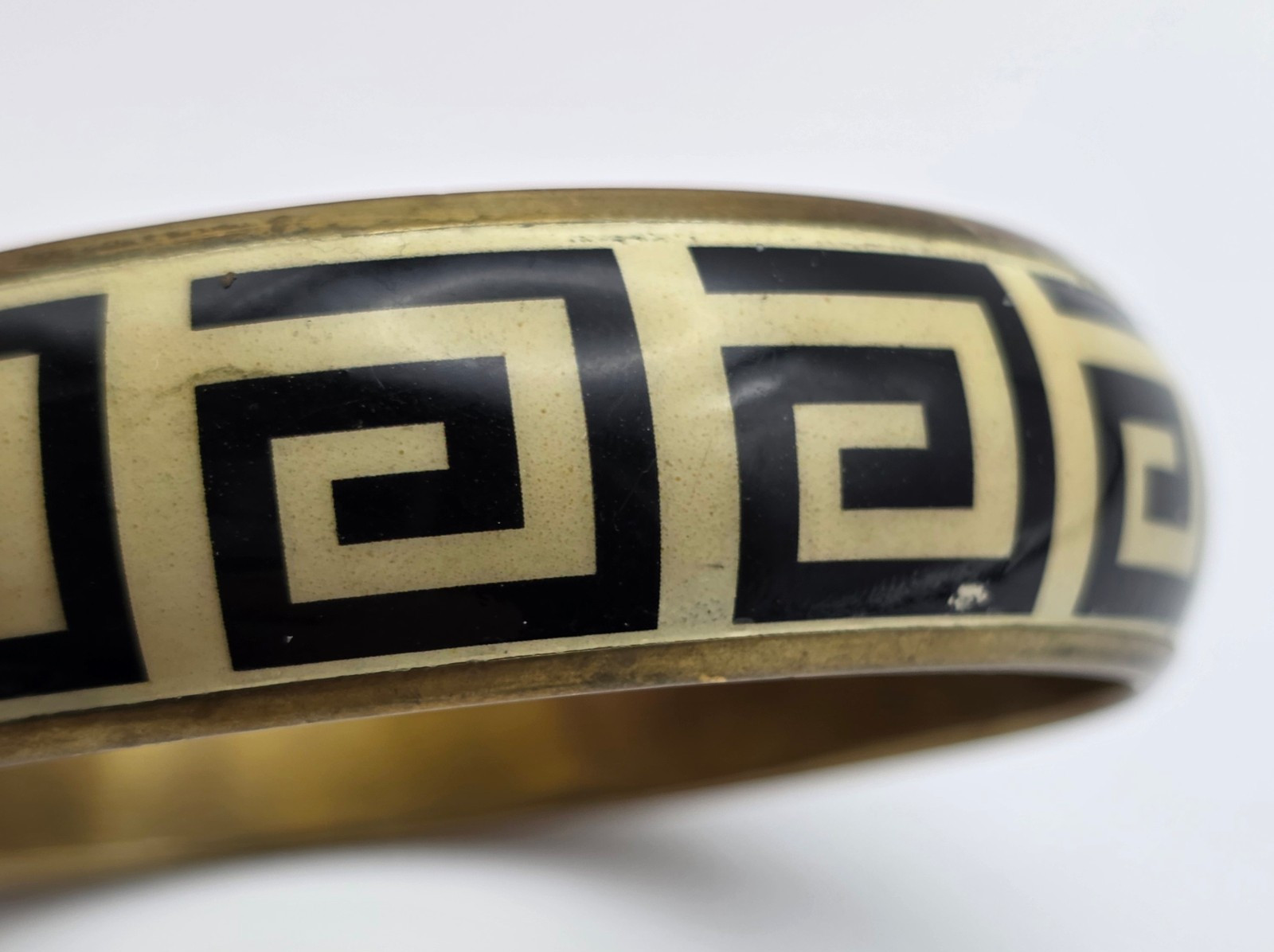 Vintage Gold Tone Black Cream Enamel Greek Key Bangle Bracelet 8 In Geometric