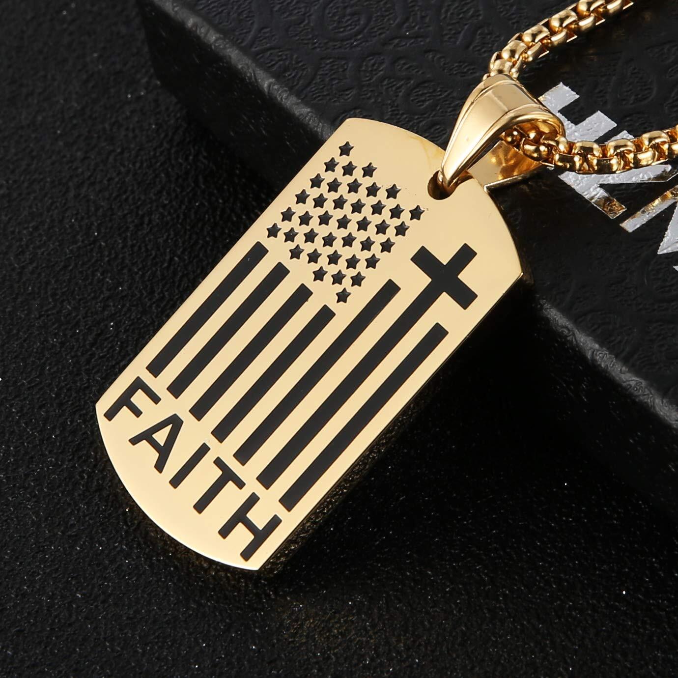 Men American Flag Cross Necklace Patriotic Verse Faith Dog Tag Pendant Chain