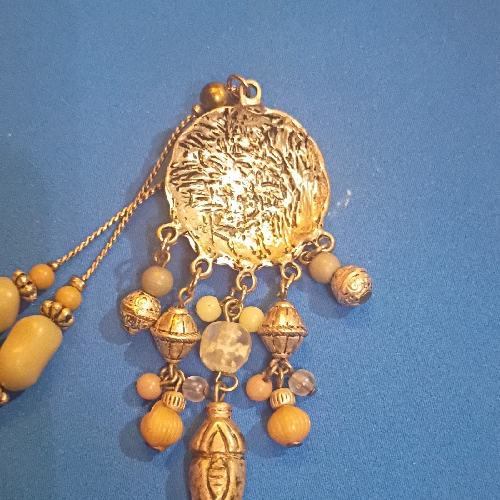 Gold Tone Snake Chain Beaded Round Charm Pendant Necklace Spring Ring Boho