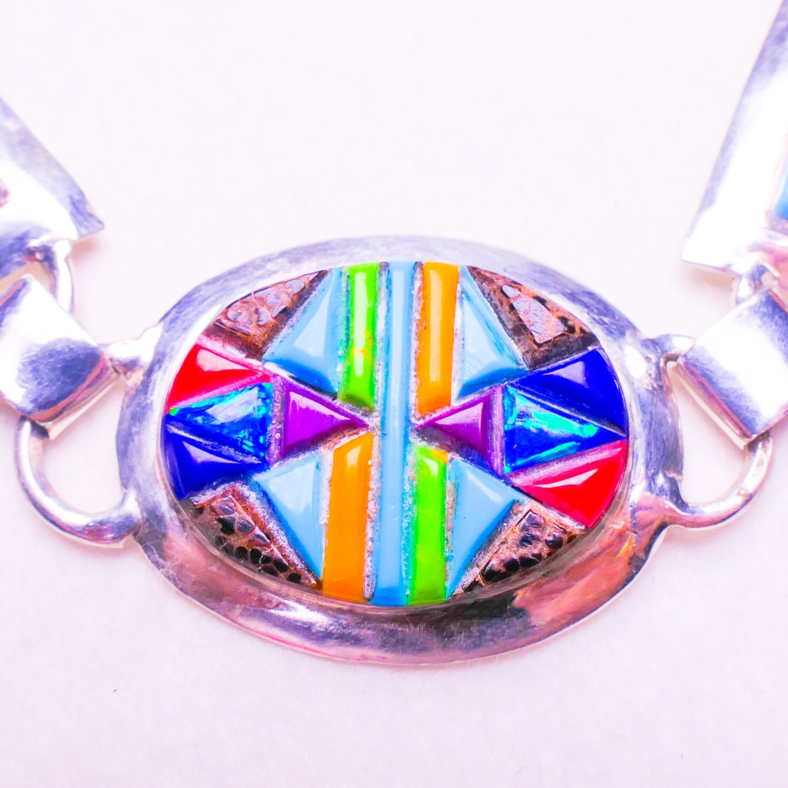 Native Sterling Silver Multi-Gemstone Inlay Cobblestone Toggle Bracelet 17.55g