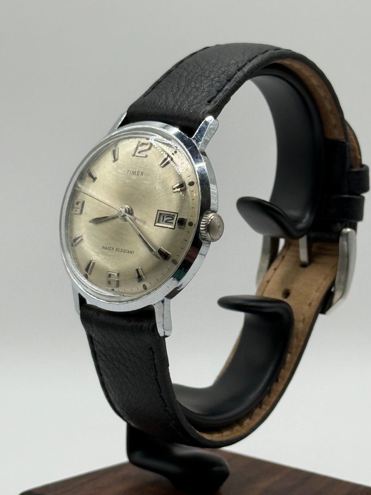 Vintage 1970 Timex Marlin Mechanical Silver Tone Black Leather Serviced