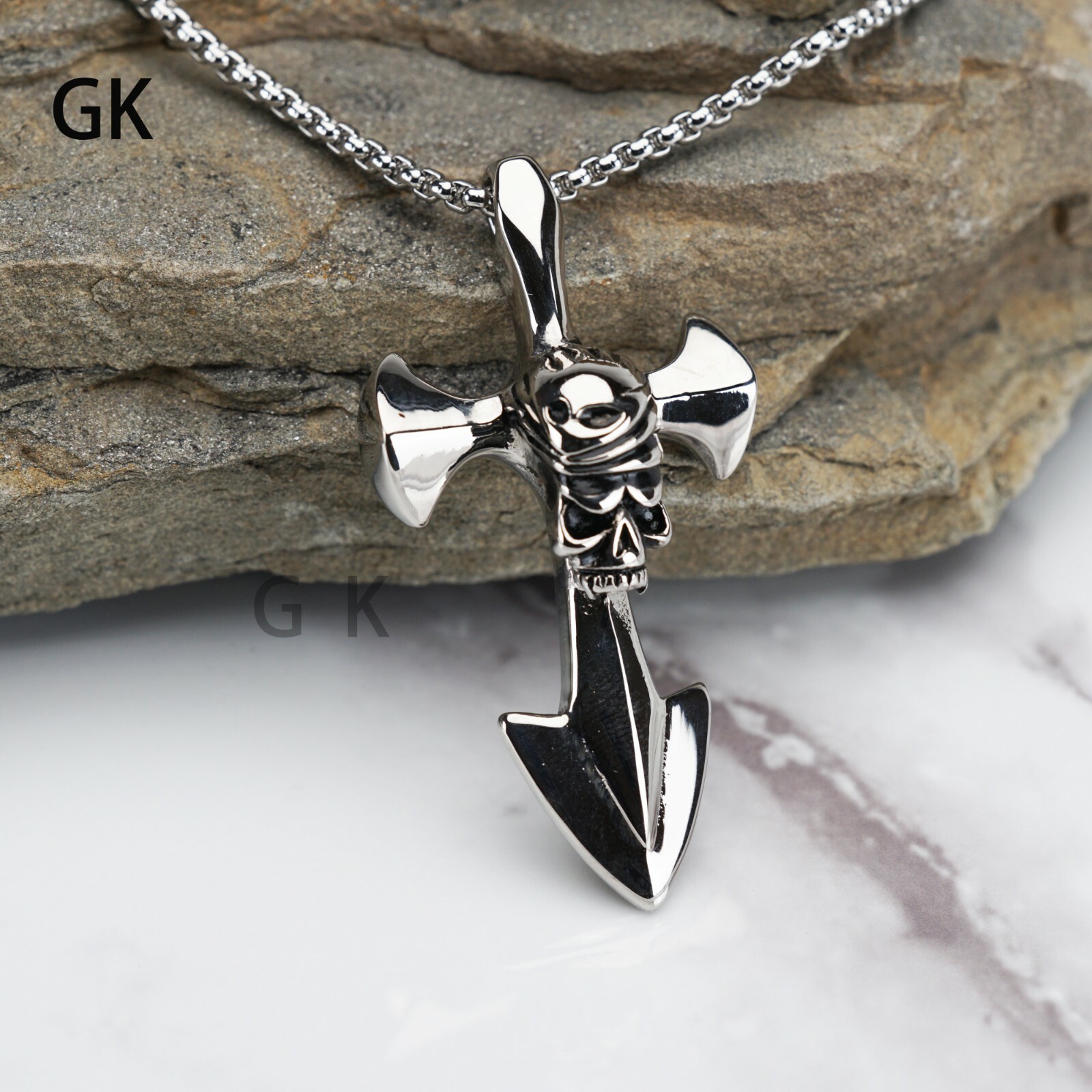 GK Punk Biker Stainless Steel Nautical Skull Cross Pirate Pendant Necklace Chain