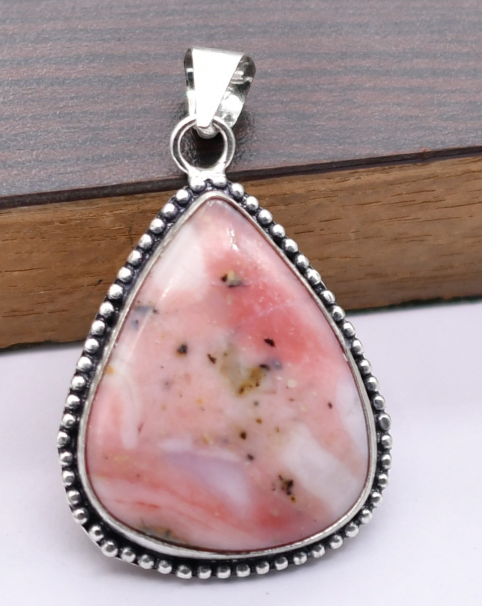 Pink Opal Natural Gemstone Antique Silver Plated Pendant 1.75″ J 1818