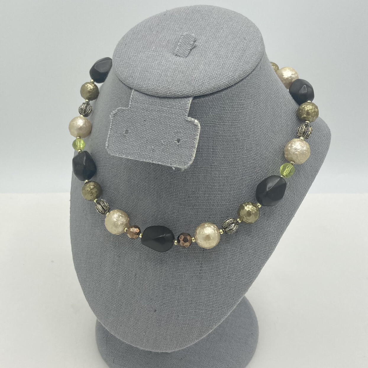 Green Brown Cream/ Champagne Color Textured Beaded 16” Single Strand Necklace