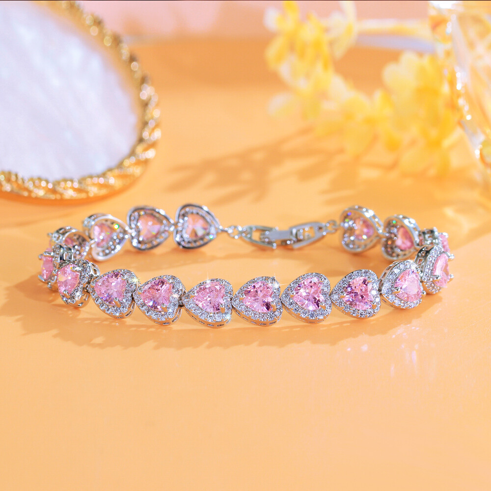 Trendy Silver Plated CZ Pink Austrian Crystal Heart Tennis Bracelet for Women