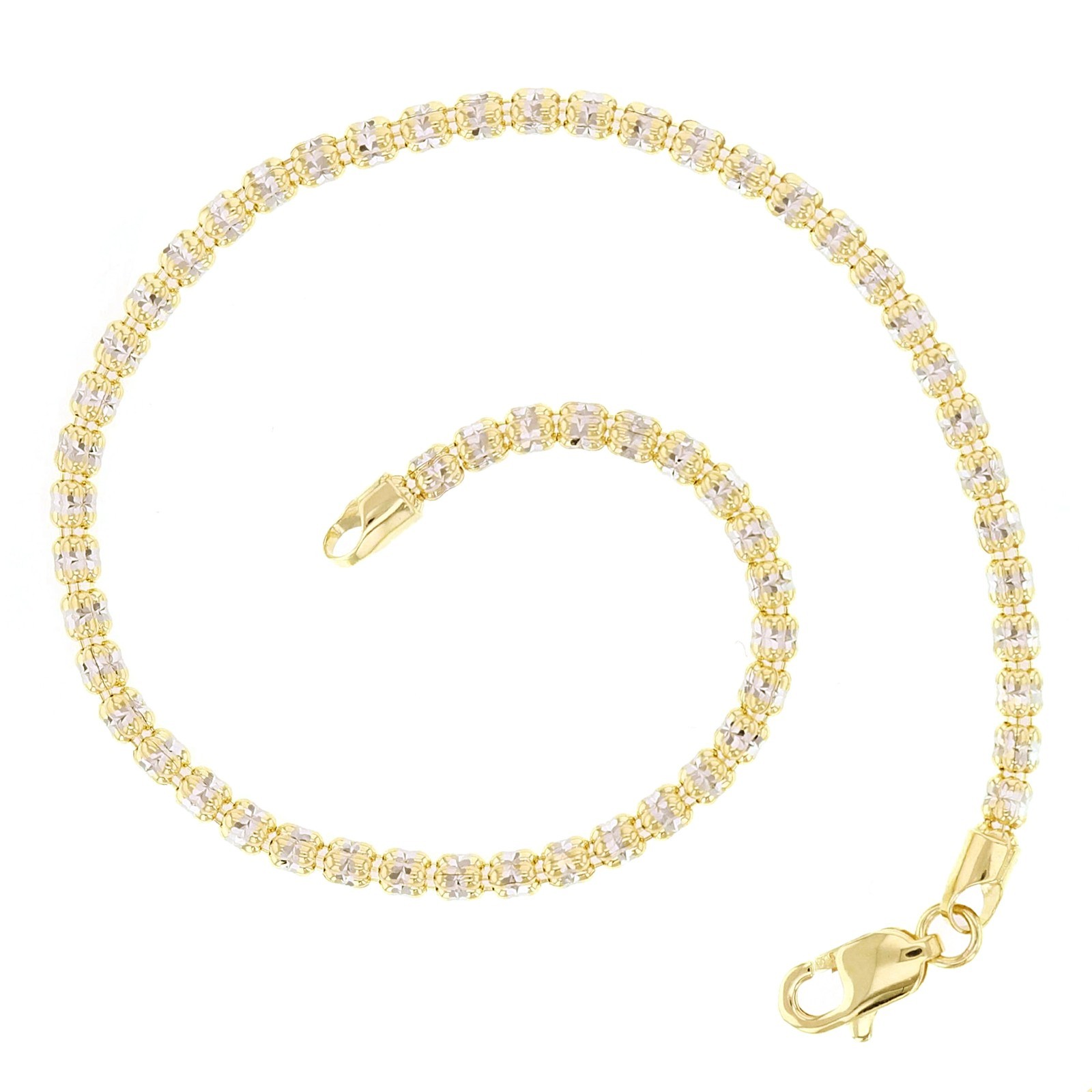 Italian 14k Two Tone Gold Diamond Cut Ice Link Chain Bracelet 7.5″ 2.5mm 4.1gram