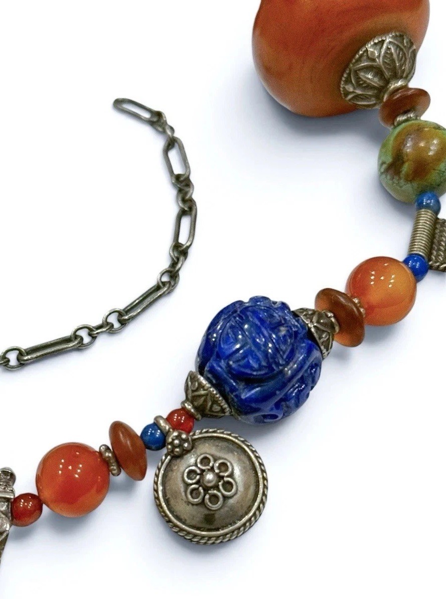 Jody P Artisan Tribal Fusion Ethnic Statement Necklace with Mixed Stone Beads