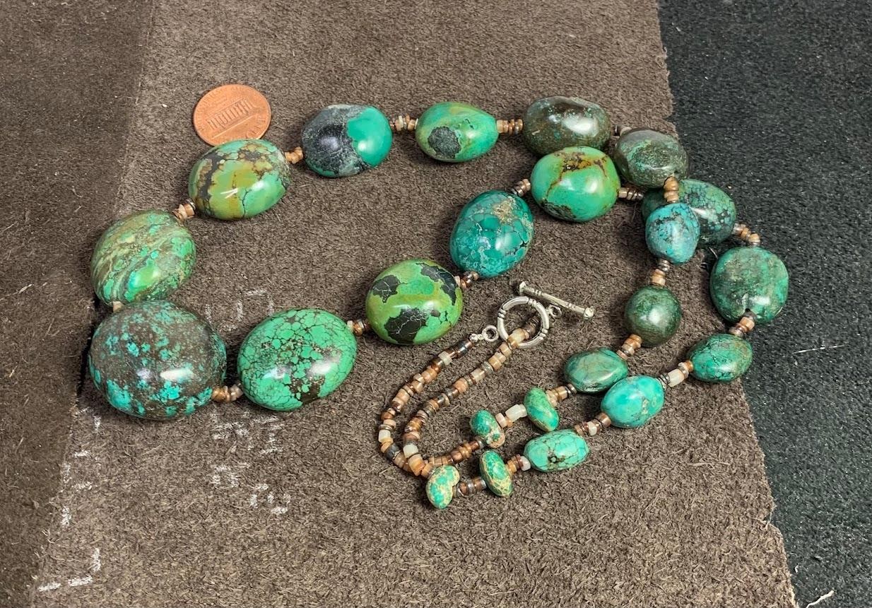 24″ Ethnic old looking turquoise pebble beads necklace/ /(g177L-w4)