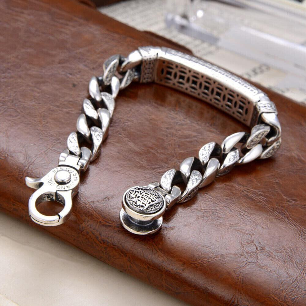 Pure S925 Sterling Silver Chain 11mm Wealth Pixiu Curb Link Bracelet 7-8.7in